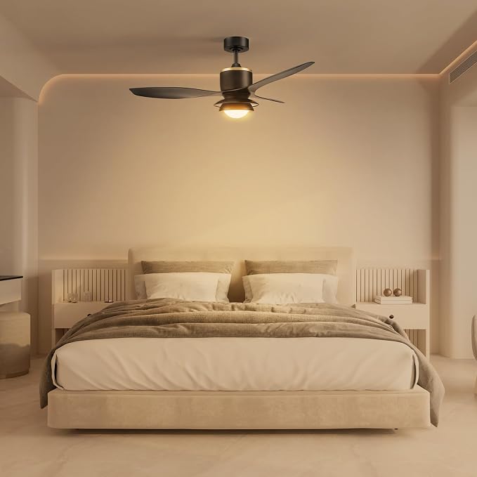 Globe Electric 27106 48" Ceiling Fan with LED Light, Remote Control, WhisperQuiet DC Motor, 6 Speeds, Black with Brass Accents, Reversable Airflow, Ceiling Fans with Lights, Ceiling Lighting