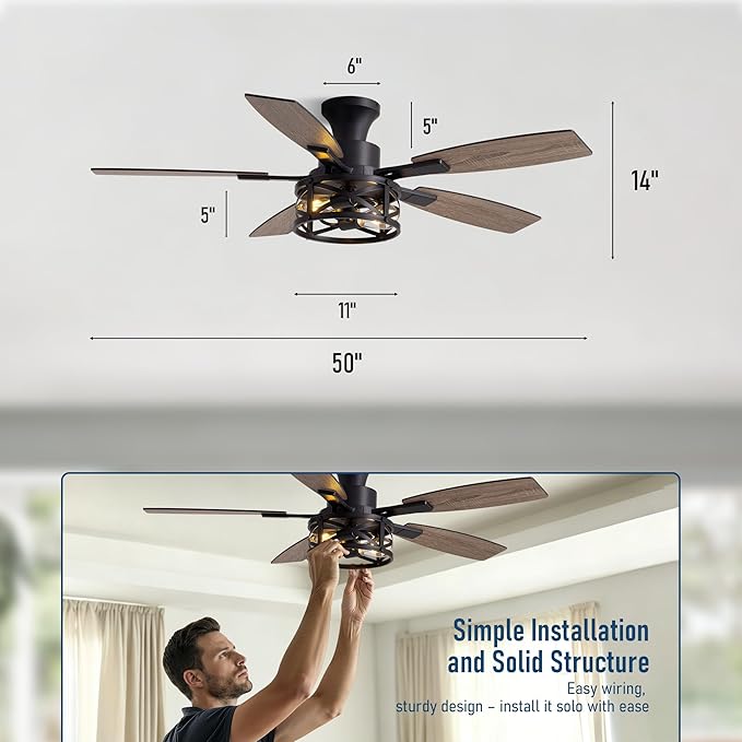 50 Inch Flush Mount Black Caged Ceiling Fan with Lights, Low Profile Farmhouse Ceiling Fan for Bedroom Living Room and Patio, Ceiling Fans and Remote Control for Indoor and Outdoor