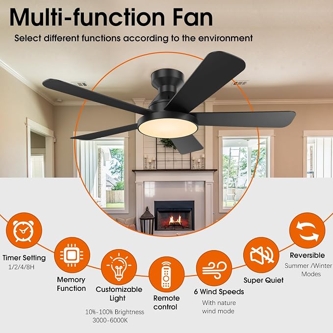 Ceiling Fans with Lights, 46" Low Profile Ceiling Fan with Light, Remote/App Control, Flush Mount Black Ceiling Fan for Bedroom, Indoor/Outdoor