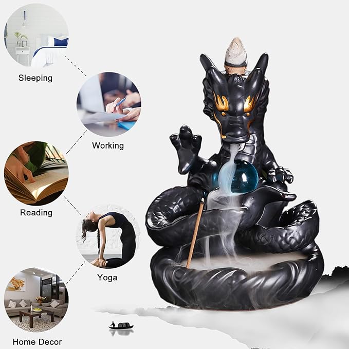 Dragon Shape Incense Waterfall, Ceramic Backflow Incense Holder, Handmade Waterfall Incense Burner with 20 Backflow Incense Cones + 30 Incense Sticks, Home Office Decor