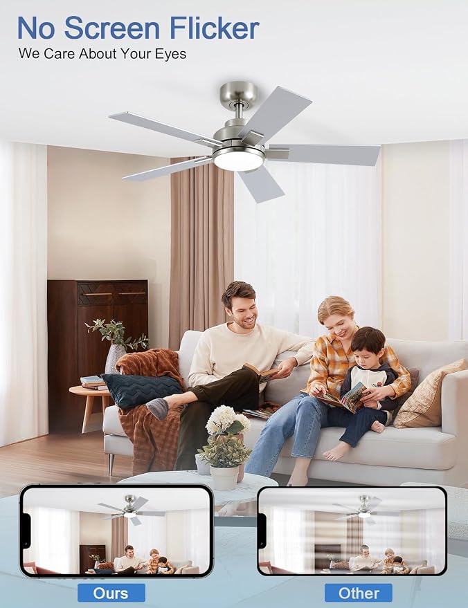 Modern Ceiling Fans with Lights - 42 inch Brushed Nickel Ceiling Fan with Light and Remote, Reversible DC Motor, 6-Speed Quiet 3CCT LED Dimmable for Bedroom, Indoor and Outdoor, Patios, ETL Listed
