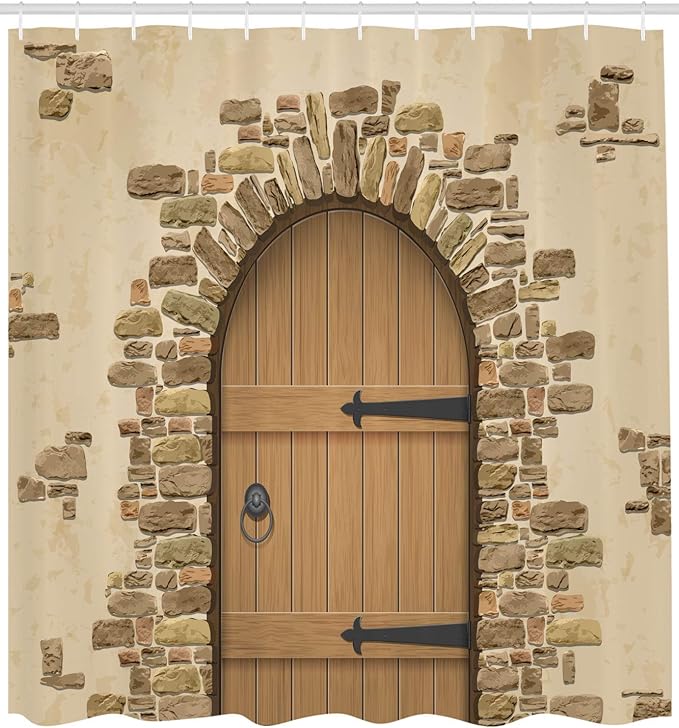 Ambesonne Rustic Shower Curtain, Wine Cellar Entrance Stone Arch Architecture European Building, Cloth Fabric Bathroom Decor Set with Hooks, 69" W x 70" L, Sand Brown Pale Brown