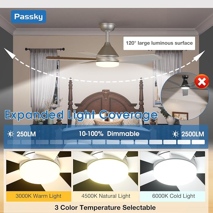 Passky Ceiling Fans with Lights, 42 inch Sleek Ceiling Fan with Light and Remote Control, 3CCT, Dimmable, Reversible, Noiseless, Silver Ceiling Fan for Bedroom, Living Room