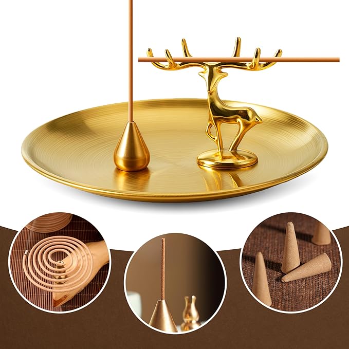 3 in 1 Incense Burner - 5.5 Inch Brass Incense Holder for Sticks, Coils and Cones with Ash Catcher - for Meditation, Yoga, Zen Room, Home Decor (Deer+Water Drop+Disc)