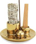Handmade Ceramic Incense Burner for Palo Santo Incense Sticks, 4 in 1 Multi-Purpose Sage Holder for Burning, Ash Catcher Tray for Meditation Yoga Room (Golden)