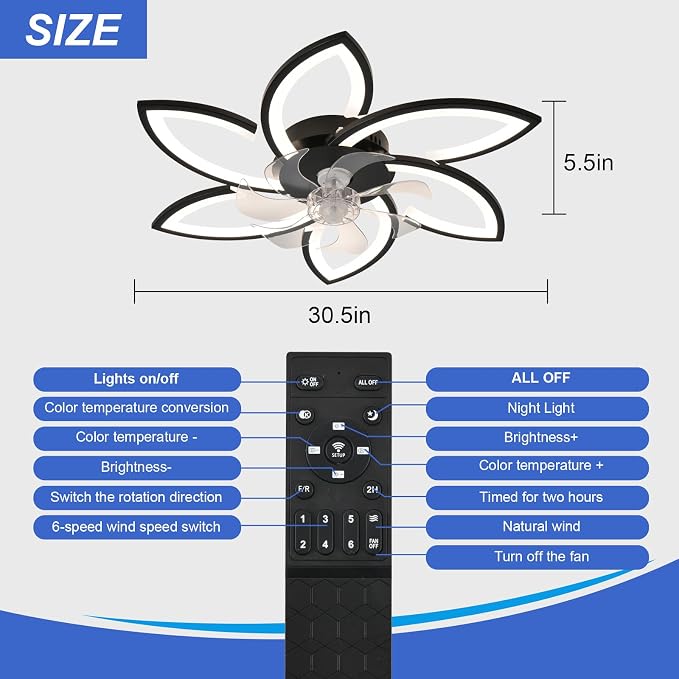 30" Geometric Ceiling Fan with Light Remote Control, 6 Speeds 3 Colors, Black Low Profile Flush Mount Ceiling Fan for Bedroom Kitchen Living Room