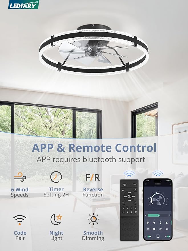LEDIARY Ceiling Fans with Lights and Remote, 24'' Low Profile Ceiling Fan with Light, 3000-6000K Dimmable Fandelier Ceiling Fans, Modern Flush Mount Fan Light for Bedroom with 6 Wind Speeds- Black