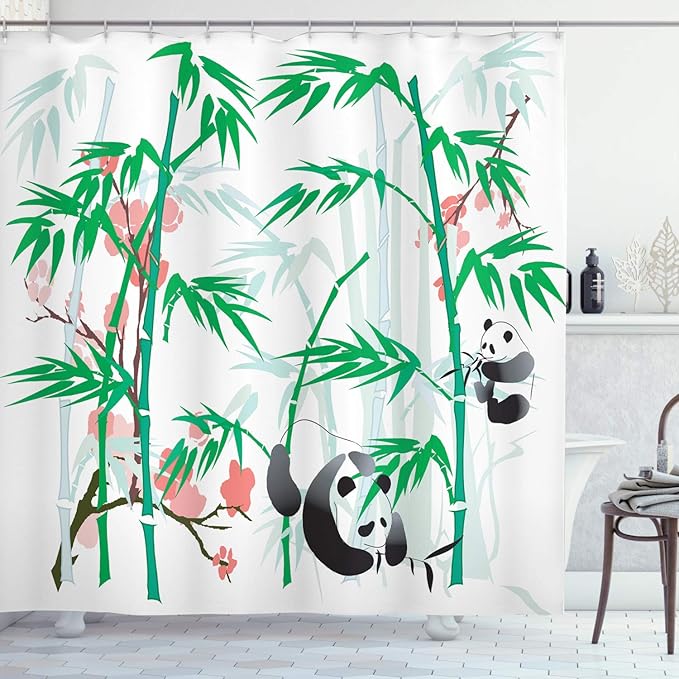 Ambesonne Panda Shower Curtain, Wild Forest Nature Themed Exotic Jungle and Asian Bear in Ethnic Tropics, Cloth Fabric Bathroom Decor Set with Hooks, 69" W x 84" L, Pink Black and Green