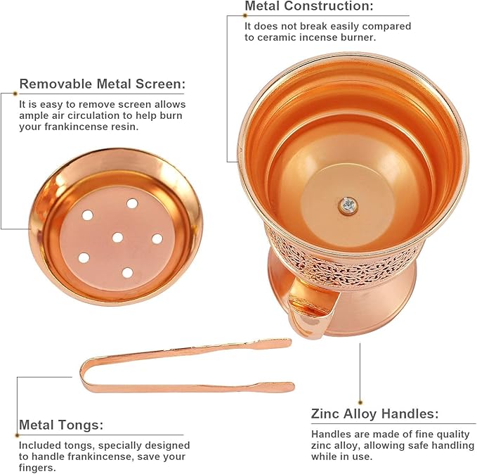 Metal Frankincense Resin Incense Burner, Incense Censer, Portable Bakhoor Burner, Charcoal Bakhoor Burner, Myrrh Burner with Tongs for Yoga, Spa Aromatherapy (Rose Gold)