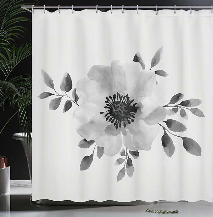 Ambesonne Flower Shower Curtain, Watercolor Image of Single Plant and Leaves Abstract Botany Design Modern Artwork, Cloth Fabric Bathroom Decor Set with Hooks, 69" W x 70" L, Pale Grey