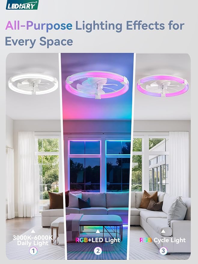 LEDIARY Ceiling Fan with Light,20inch Low Profile Fandelier with Remote RGB | RGB,6 Speeds, Reversible DC Motor, Dimmable Flush Mount Fan Light, Modern fans for Bedroom