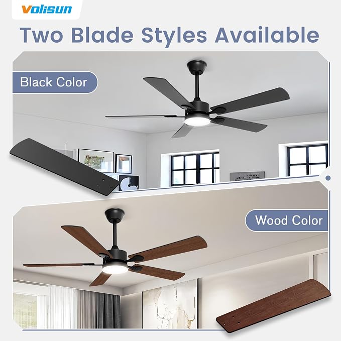 VOLISUN Ceiling Fan with Light, 52 inch Flush Mount Ceiling Fan with Lights and Remote, Dimmable LED Fan Light, Low Profile Ceiling Fan, Black Modern Ceiling Fan for Bedroom, Indoor/Outdoor