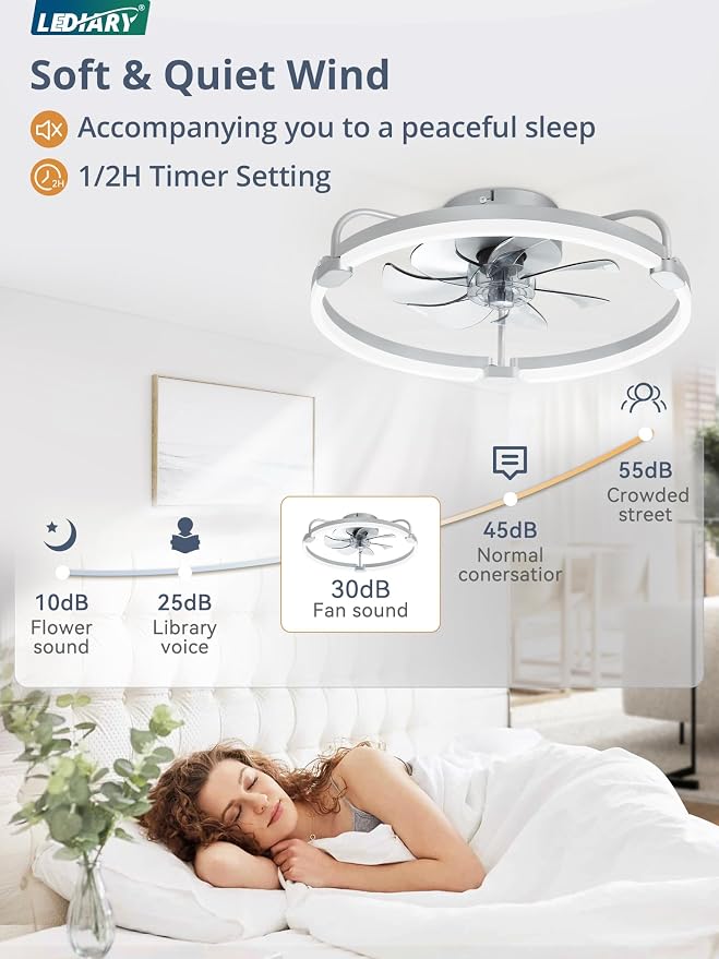 LEDIARY Ceiling Fans with Lights and Remote, 20'' Low Profile Ceiling Fan with Light, 3000-6000K Dimmable Fandelier LED Fan Light, 6 Wind Speeds, Grey Modern Flush Mount Ceiling Fan for Bedroom