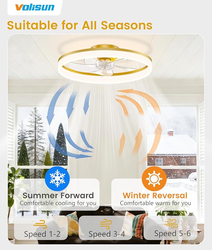 VOLISUN Low Profile Ceiling Fans with Lights and Remote, 20in Fandelier Ceiling Fan Flush Mount, 3000K-6500K Smart Bladeless LED Fan Light, Gold Modern Ceiling Fans with Lights for Bedroom