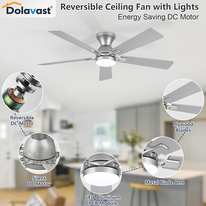 Ceiling Fans with Lights, 52 Inch Low Profile Ceiling Fan with Light and Remote Control, Flush Mount, Reversible, 3CCT, Dimmable LED, Quiet, Nickel Ceiling Fan for Bedroom, Living Room