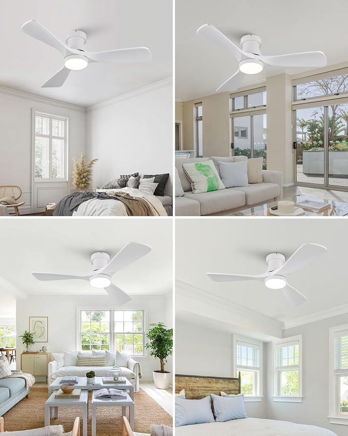 42-Inch White Ceiling Fans with Lights, Remote Control, Flush Mount, Dimmable, Reversible, Wood Blades, Power-Off Memory, Quiet DC Motor – Modern Hugger Ceiling Fan for Indoor Outdoor White