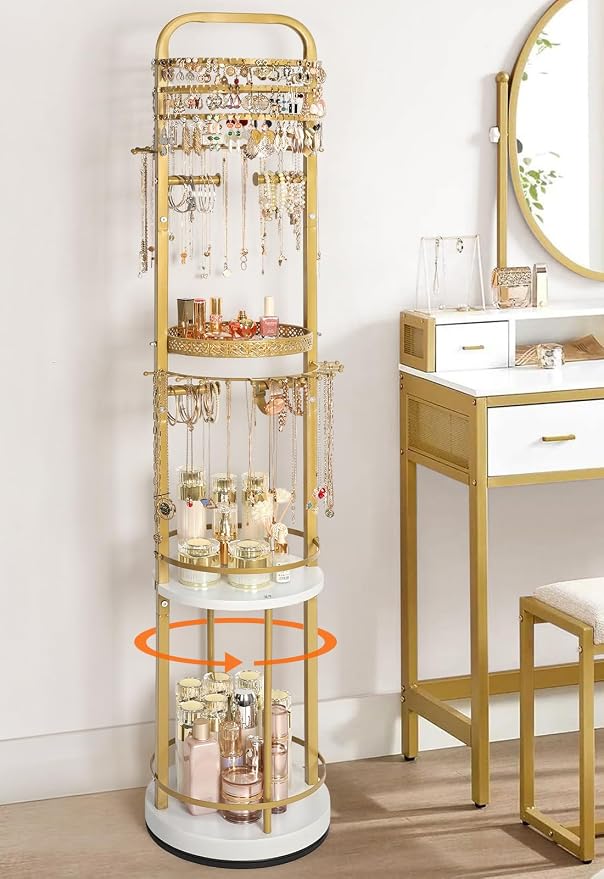 Jewelry Holder Organizer, Floor Jewelry Organizer with Earring Organizer Necklace Holder, Rotating Jewelry Stand Necklace Display Earring Storage, Large Hanging Jewelry Tree for Jewlery Bracelet Ring