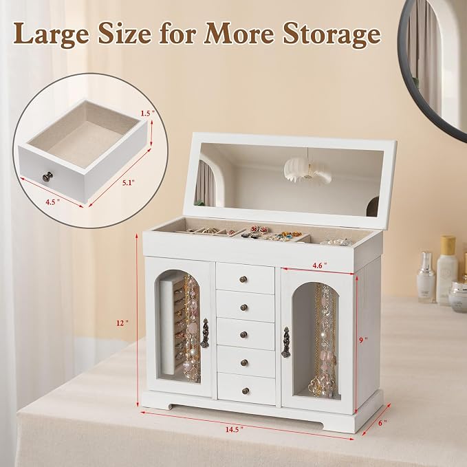 Miratino Jewelry Box for Women Girls, Wooden Jewelry Organizer Box with Mirror, 5 Layer Jewelry Storage Case Display for Necklaces Earrings Rings Bracelets Valentine's Day Gifts