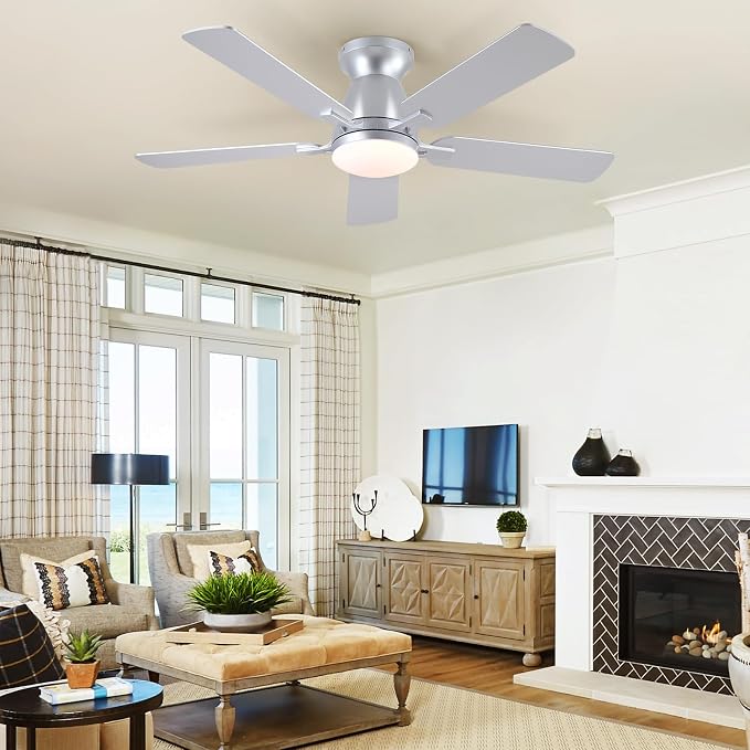 46 Inch Ceiling Fans with Lights and Remote, Flush Mount, Silver | Low Profile, Dimmable LED, Reversible, Quiet DC Motor, Wooden Blades, for Modern Apartment Bedroom Home Office Living Room