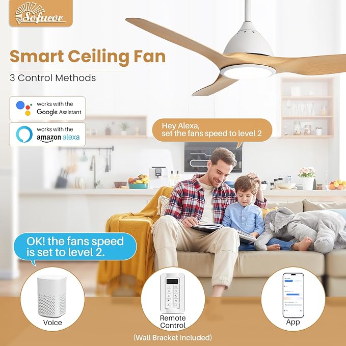 Sofucor 52 Inch Smart Ceiling Fan with Light, Modern Ceiling Fan with 3 Plastic Blade, Quiet, Dimmable, Compatible with Alexa/Google/App, 6 Speeds 7000CFM, Timer Quiet Reversible DC Motor, Log-color
