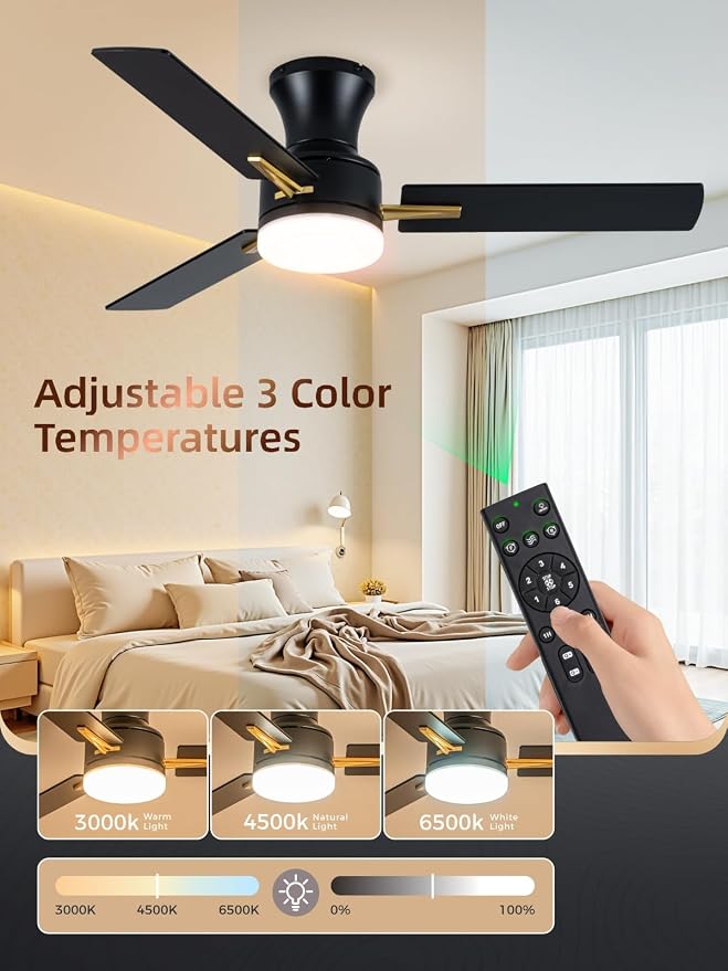 LANMEL 42 Inch Flush Mount Ceiling Fan with Light, App&Remote Control, Low Profile Modern Ceiling Fan, 6 Speed, Reversible, 3000k-6500k Dimmable LED, Quiet DC Motor for Indoor Outdoor, Gold Black