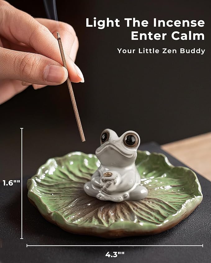 Ceramic Incense Stick Holder - Cute Frog Incense Burner with Lotus Leaf Tray Ash Catcher, Handcrafted Zen Decor for Home, Meditation, Yoga, Gift