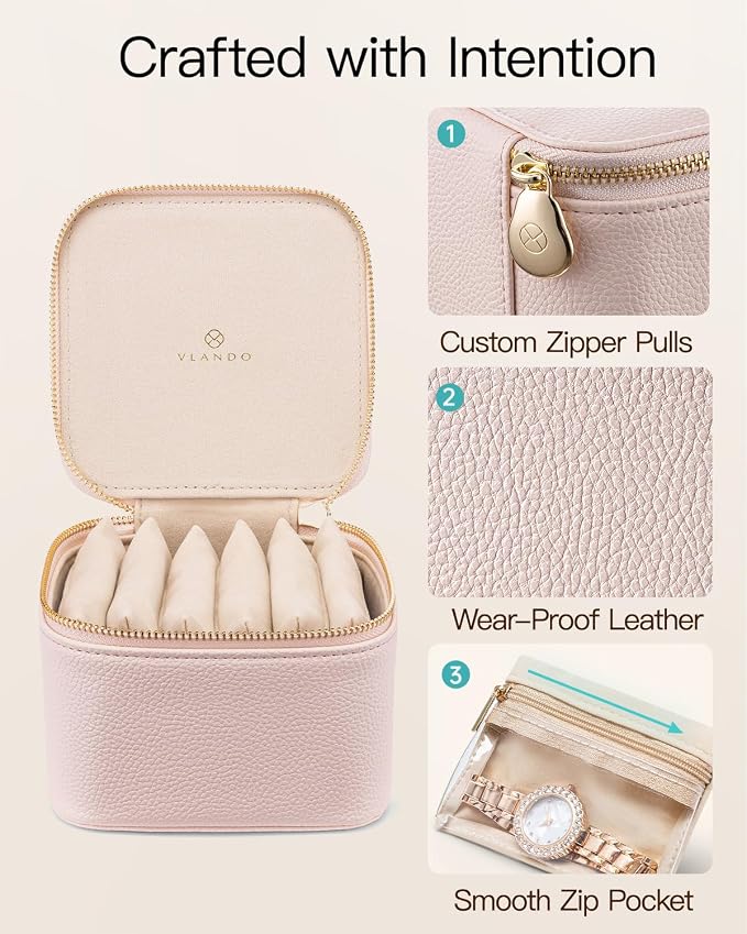 VLANDO Travel Jewelry Organizer Case with 6 Clear Velvet Zipper Pouches, Faux Leather Jewelry Storage Box for Rings, Earrings, Necklaces and Bracelets, Gift for Women Girls