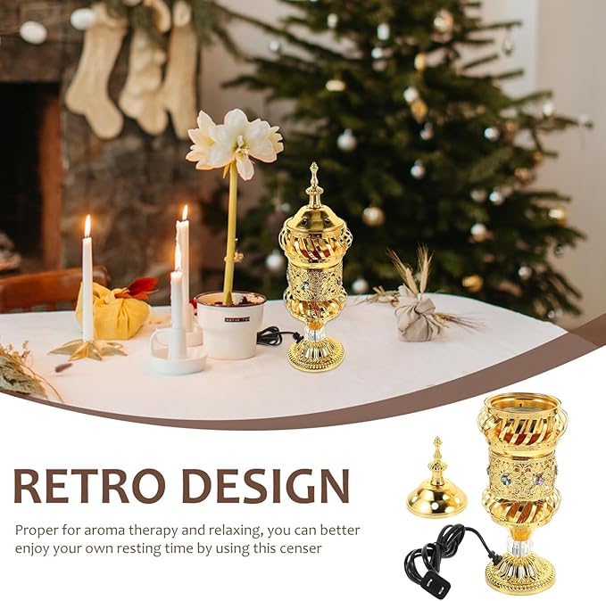 RCFINE Electric Incense Burner Bakhoor Metal Incense Burner Middle Eastern Style Arabic Incense Burner for Aromatherapy Yoga Spa Home Tabletop Decoration (Gold)