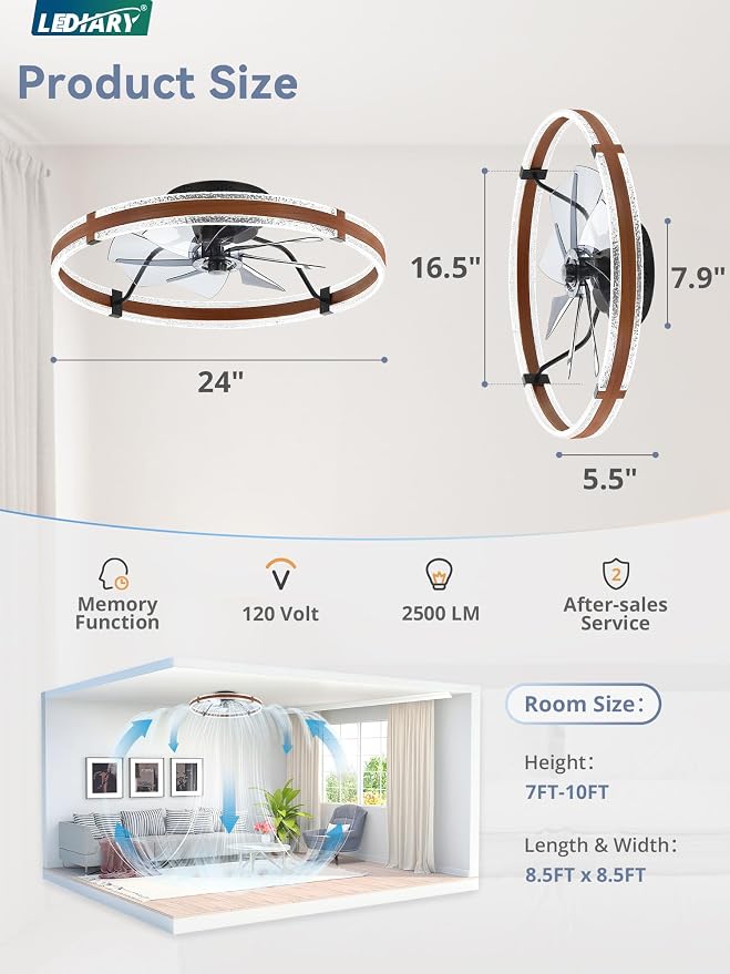 LEDIARY 24" Ceiling Fans with Lights and Remote, Low Profile Ceiling Fan with Light, 3000-6000K Dimmable Fandelier Ceiling Fans, Modern Flush Mount Fan Light for Bedroom with 6 Wind Speeds - Walnut