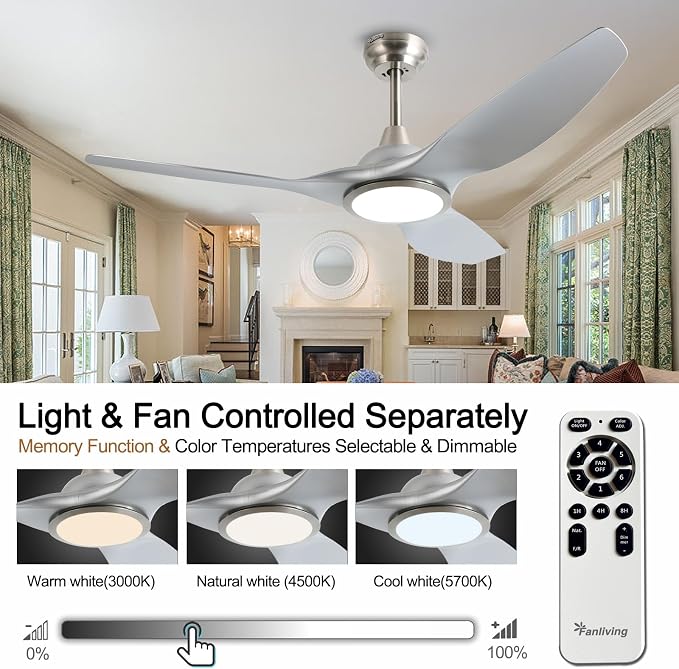 52 Inch DC Motor 3 Blade Modern Silver Ceiling Fan with Light and Remote | Quiet, 6 Speed High CFM, Indoor Ceiling Fan for Bedroom Living Room Porch
