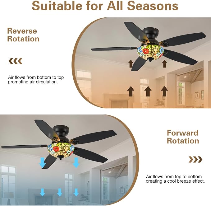 Tiffany Ceiling Fans with Lights - 52" Ceiling Fan Chandelier with 5 Dual-Blades and Glass Shade, 6 Speeds and Reversible, Indoor and Outdoor, Retro Style