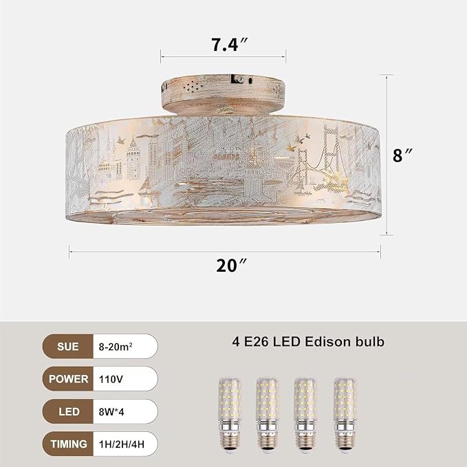 Caged Ceiling Fans with Lights Flush Mount,Low Profile Ceiling Fan with Remote,20 Inch Caged White Fan for Bedroom,6 Speeds Reversible Enclosed Fandalier Ceiling Fan with Bulb