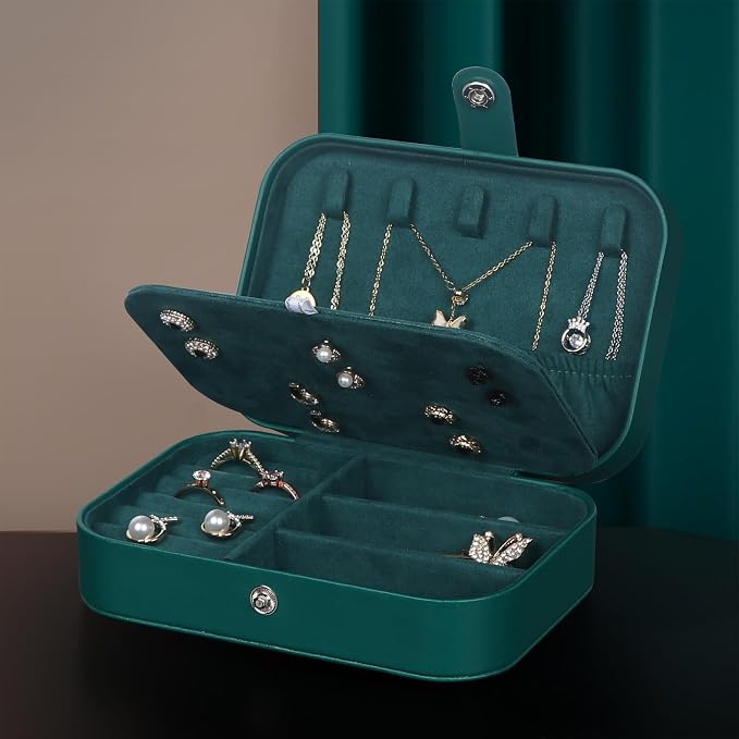 Hatori Travel Jewelry Box, PU Leather Small Jewelry Organizer for Women Girls, Double Layer Portable Mini Travel Case Display Storage Holder Boxes for Stud Earrings, Rings (Ink Green)