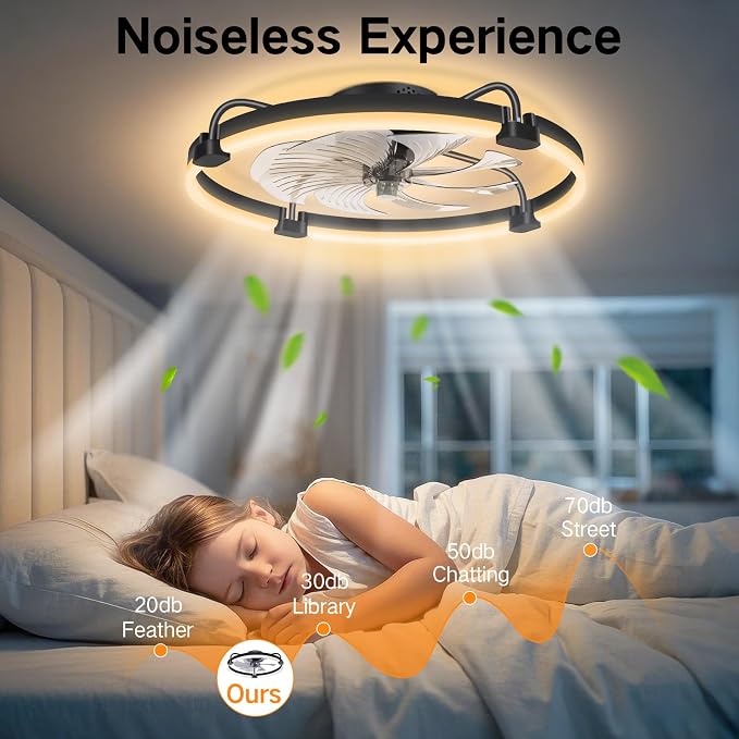 OUTON 24" Ceiling Fan with Light, Remote & App Control, Fandelier Low Profile Flush Mount Ceiling Fan with 3000K-6500K Stepless Dimmable, 6 Speed, Quiet DC Motor, Modern Ceiling Fans for Bedroom Black
