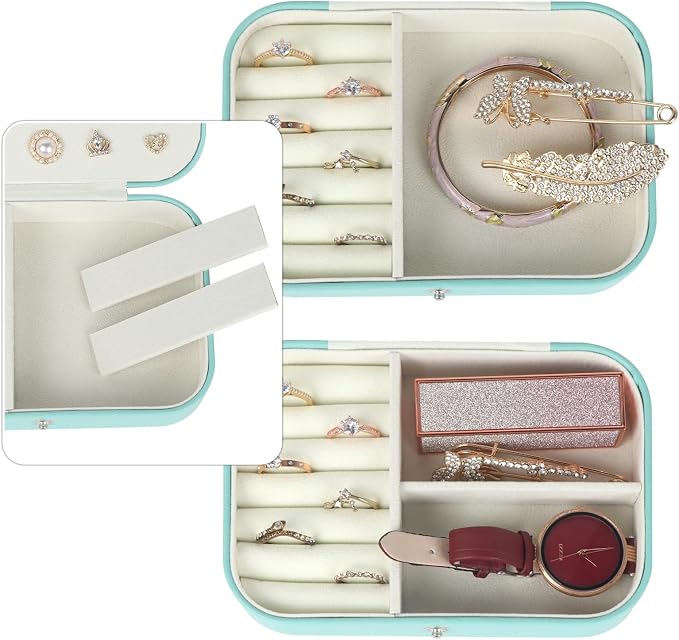 Hatori Travel Jewelry Box, PU Leather Small Jewelry Organizer for Women Girls, Double Layer Portable Mini Travel Case Display Storage Holder Boxes for Stud Earrings, Rings (Turquoise)