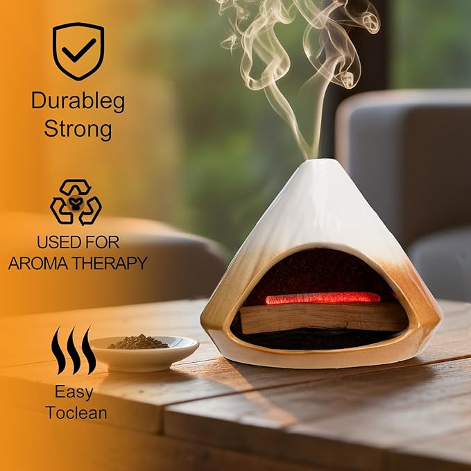 Ceramic Sage Smudging Holder, Pyramid Design Incense Burner with Smoke Outlet, 4.7 x 4.5 x 0.39 Inch, Black and White Glazed Finish (Yellow)