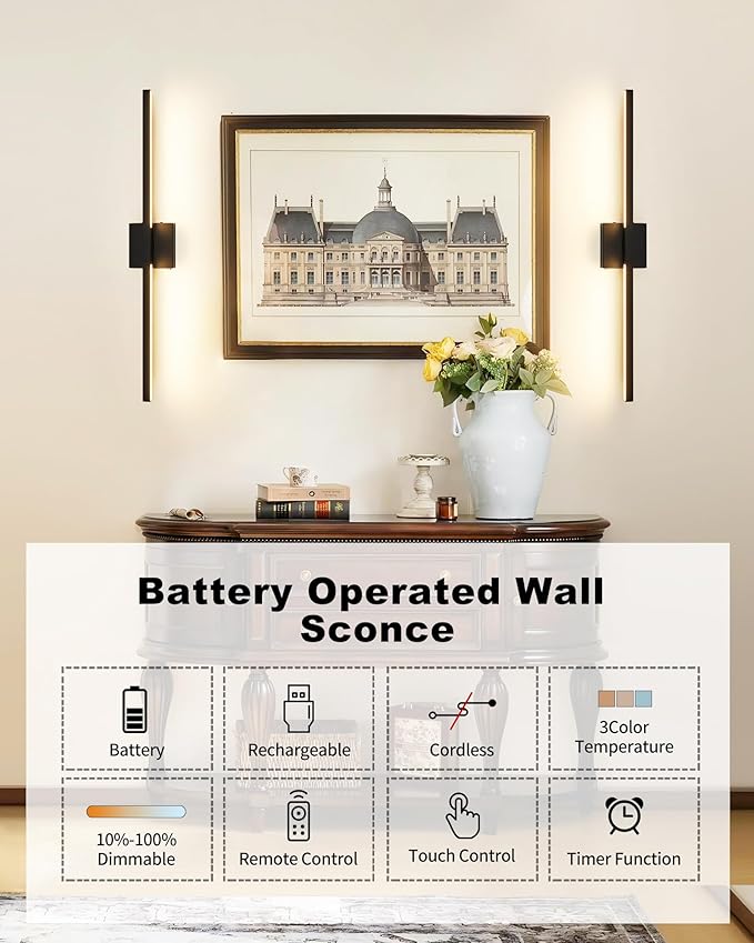 Rayogale Black Battery Operated Wall Sconce with Remote Control 40 Inch | 3000/4500/6000K Dimmable 8000mAh Wireless Rechargeable Wall Sconces Set of Two with Timer for Living Room, Bedroom, TV