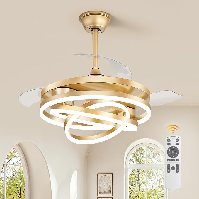 LEDIARY 42 Inch Retractable Ceiling Fan with Lights, Fandelier Ceiling Fan with 6 Speeds,3000K-6000K Adjustable,and DC Motor,Chandelier Ceiling Fans with Lights and Remote for Bedroom Living Room,Gold