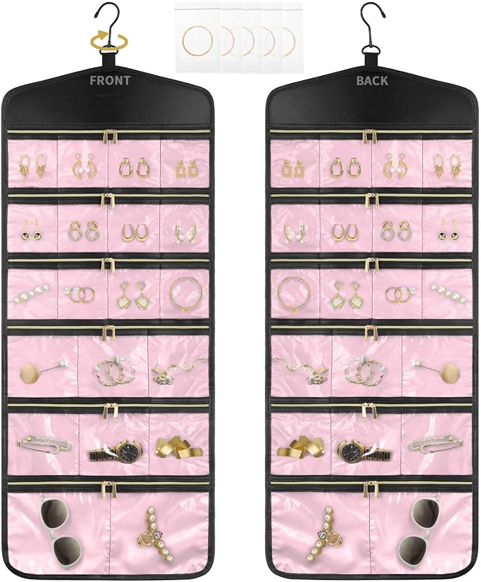 CHICECO Hanging Jewelry Organizer With Zippered Pockets,40 Pockets Travel Jewelry Organizer Storage for Cloest,Wall,Door (Pink)