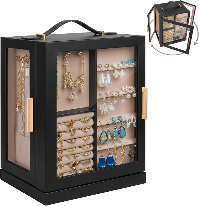 360° Rotating 5‑Drawers Jewelry Box with Top Handle & Glass Window, Spacious Vertical Jewelry Organizer, Jewelry Storage Case, Dustproof & Moisture‑resistant Design, Black