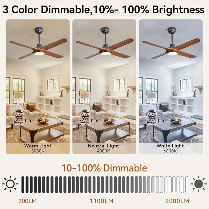 50 Inch Ceiling Fans with Lights,Ceiling Fan with Light and Remote Control Smart Ceiling Fan,Noiseless Reversible DC Motor,4 Blade Ceiling Fans 6-Speed 3 CCT,Ceiling Fan for Indoor/Outdoor