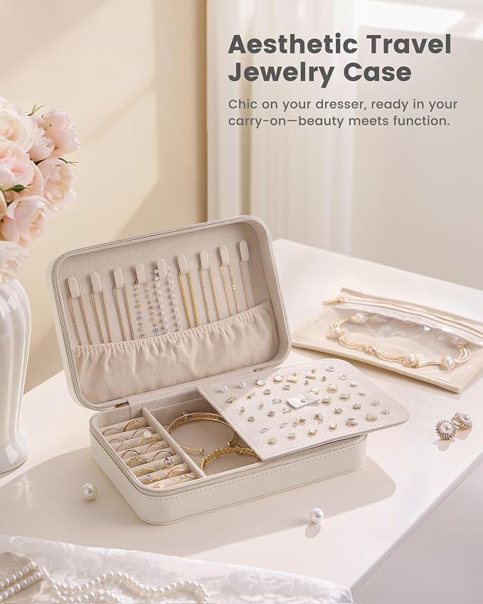 Lolalet Travel Jewelry Case for Women Girls, PU Leather Jewelry Organizer with Clear Storage Bag Small Portable Jewelry Box for Necklace Bracelet Earring Ring Birthday Bridesmaid Gifts -Large/Beige