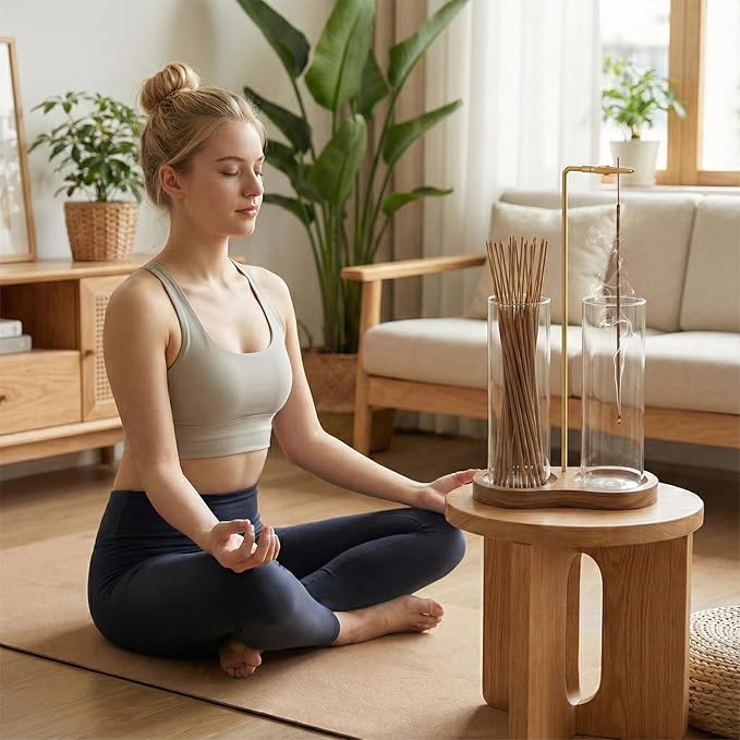 Glass Incense Holder, 2 in 1 Incense Burner Holder with Storage, Hanging Upside Down Incense Sticks Holder with Glass Ash Catcher for Meditation Yoga Spa Room Decor