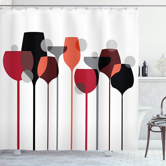Ambesonne Wine Shower Curtain, Abstract Drink Glasses Silhouettes Dots Alcohol Theme Modern, Cloth Fabric Bathroom Decor Set with Hooks, 69" W x 70" L, Red Grey Black