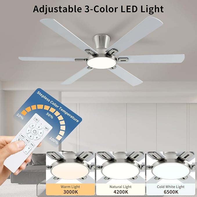 60 Inch Nickel Ceiling Fans with Lights and Remote, Flush Mount Low Profile 6 Blades Ceiling Fan, Quiet Reversible DC Motor for Living Room, Bedroom and Patio