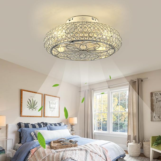 Caged Crystal Ceiling Fans with Lights and Remote,20" Flush Mount Low Profile Ceiling Fan with Light,6 Speed Enclosed Ceiling Fan with Reversible Motor for Bedroom Kitchen Living Room