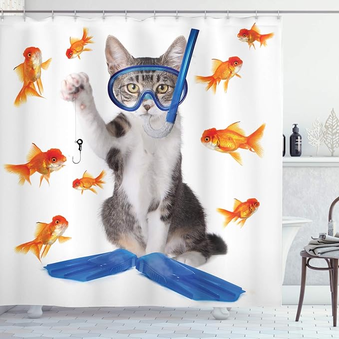 Ambesonne Cat Shower Curtain, Modern Spin on The Term Fishing Curiosity Goldfish Hunting Humorous Art, Cloth Fabric Bathroom Decor Set with Hooks, 69" W x 84" L, Blue Orange