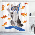 Ambesonne Cat Shower Curtain, Modern Spin on The Term Fishing Curiosity Goldfish Hunting Humorous Art, Cloth Fabric Bathroom Decor Set with Hooks, 69" W x 84" L, Blue Orange