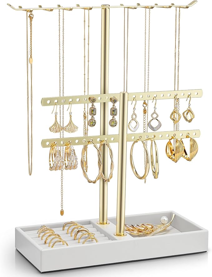 VLANDO 2 Tier Jewelry Stand Organizer with Tary, Leather Jewelry Holder Display for Women, Gold Jewlery Holder Stand for Necklace, Earring, Bracelet, Rings - White