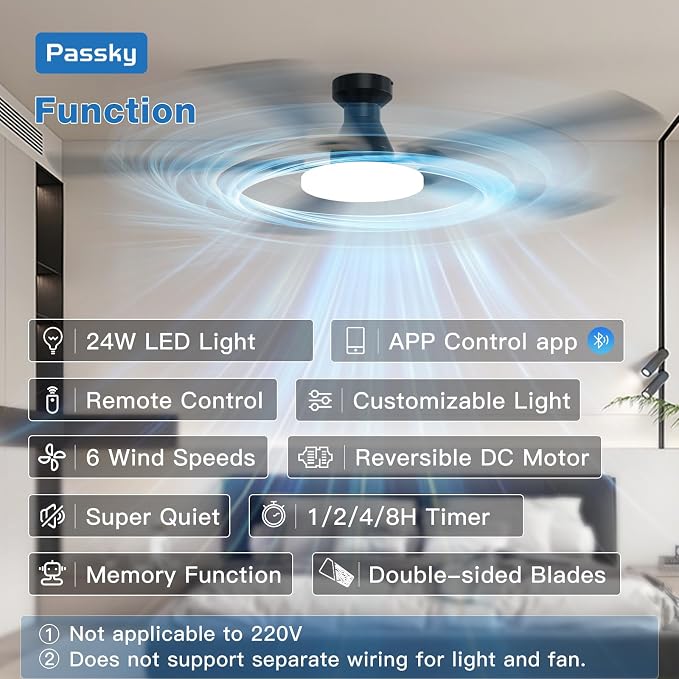 Passky Ceiling Fans with Lights, 60 inch Flush Mount Ceiling fan with Remote Control, Low Profile Ceiling Fan for Bedroom, Farmhouse, Reversible, 3CCT, Dimmable, Noiseless DC Motor, Black
